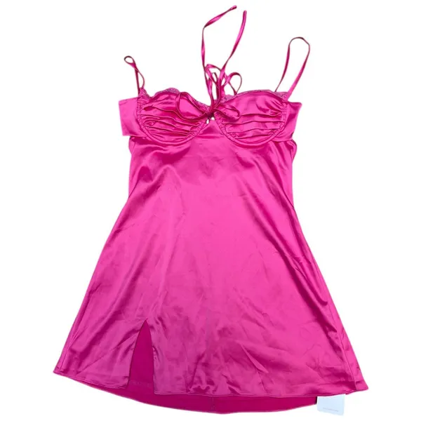 Hot Pink Satin Lace Slip Mini Dress NWT Size Small Ruched Spaghetti Strap Party - Image 7