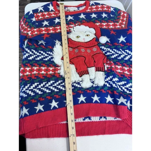 Jolly Sweaters Women's XL Blue/Red Ugly Christmas‎ Sweater Furry Cat Persian - Image 6