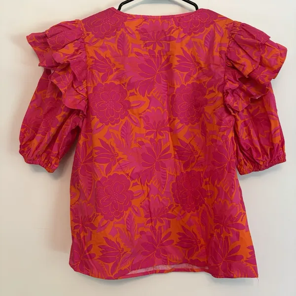 Sugarlips Small Blouse Top Floral Puff Ruffle Sleeve Orange Pink Cotton Garden - Image 3