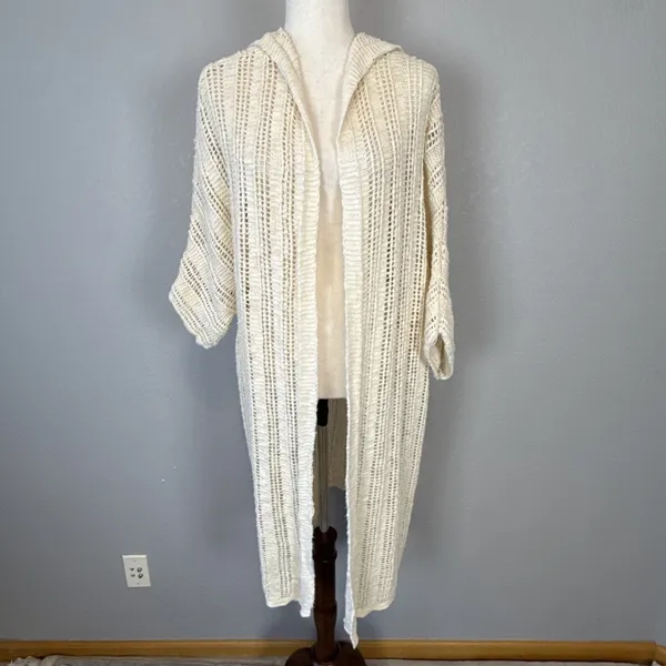 American Eagle Crochet Duster Hooded Cardigan Sweater Jacket Size M Ivory Cotton - Image 2