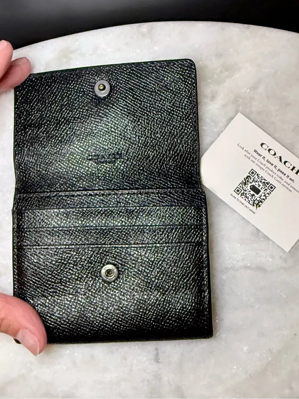 Coach Small Black Bifold Wallet - Leather Snap Bilfold with Coin Pocket - Image 5