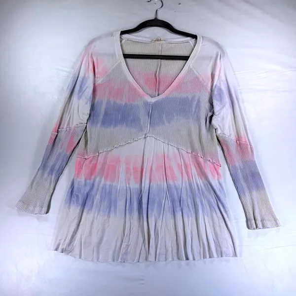 POL Tie Dye Ribbed V-Neck Peplum Long Sleeve Top Pink Purple RCT961A Medium - Image 2