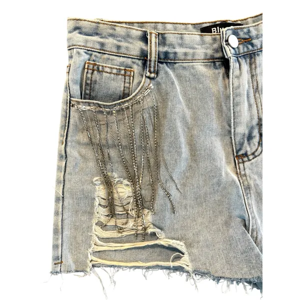 Blue B Rhinestone Fringe Distressed Denim Jean Shorts Women’s Size Large - Image 3