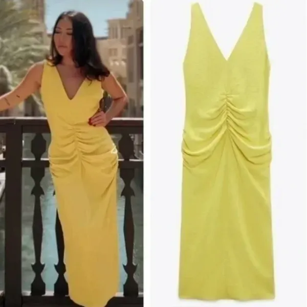 NWOT Zara Center Ruched Detail V-Neck Wide Straps Yellow Midi Dress Small - Image 3