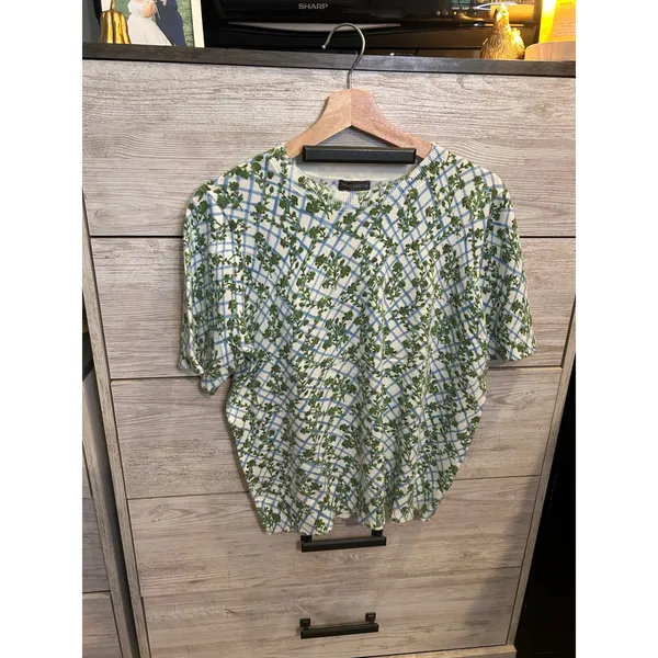 Vince Camuto Womens Green Floral Blue Lattice Short Sleeve Knit Sweater XL NWT - Image 2