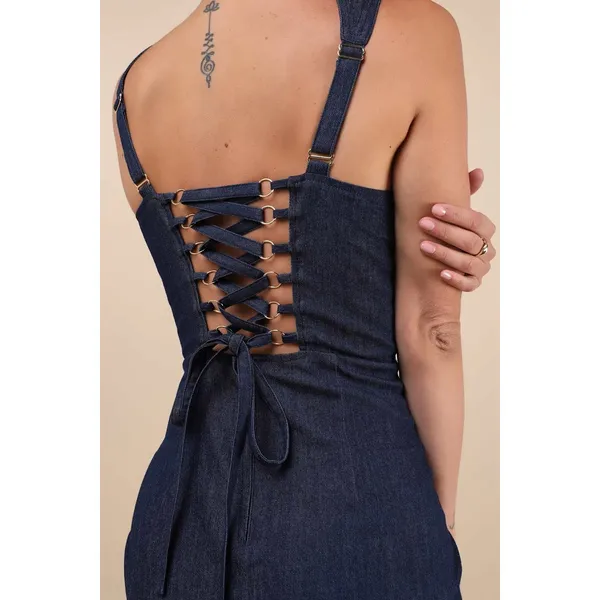 NWT Lulus Keep It Darling Dark Wash Denim Bustier Lace-Up Midi Dress Party Sz S - Image 9