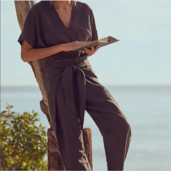 Free People ‘Shining Sun’ Front Waist Tie Linen Blend V Neck Jumpsuit Small - Image 10