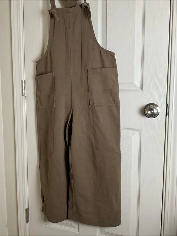 Miou Muse Taupe Linen-Blend Wide-Leg Overalls - Size M Women’s - Image 3