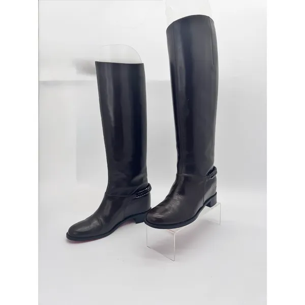 Christian Louboutin Cate Dark Brown Leather Riding Boots Chain Link EU 36 - Image 12