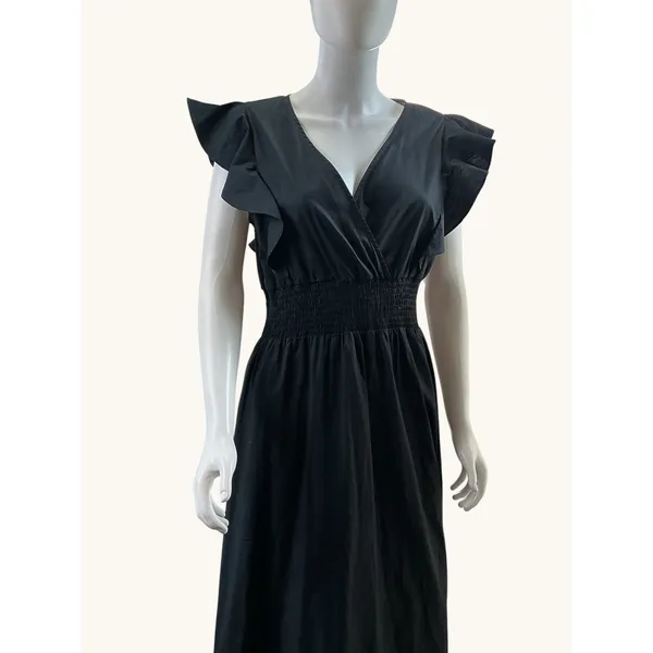 Molly Bracken Black Cotton Ruffle Maxi Dress Smocked Waist V-Neck‎ Size M - Image 5