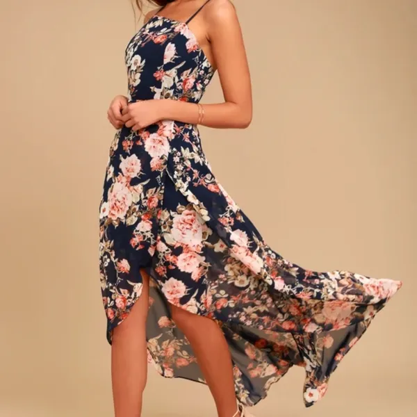 Lulus Reflection Navy Blue Floral Print High-Low Dress Sz L - Image 2