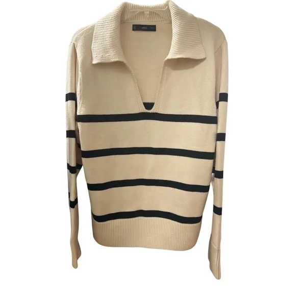 Mango Women's Cream and Black Striped V-Neck‎ Sweater with Collar - Image 6