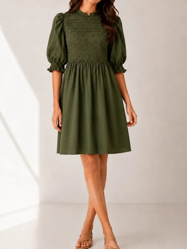 Hill House Home Ellie Nap Olive Green Smocked Puff Sleeve Mini Dress - Image 10