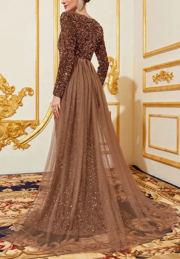 Women’s Coffee Brown V-Neck Long Sleeve Mermaid Evening Gown - Image 4