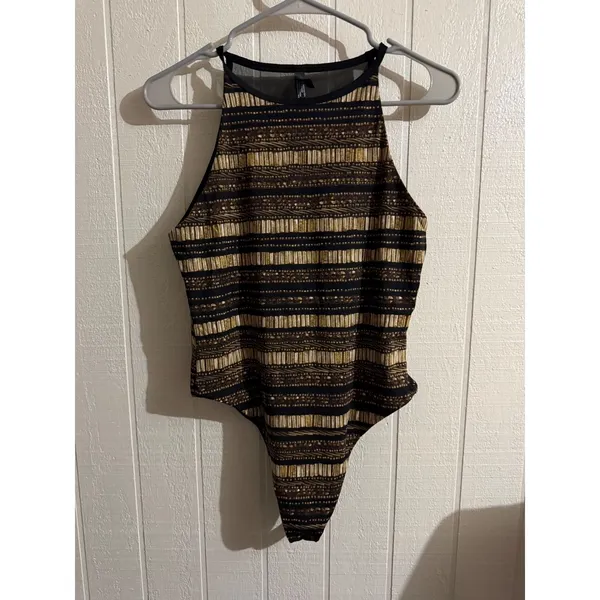 Victoria Sport Womens Gold Black Tribal Print Mesh Back Bodysuit Medium - Image 2