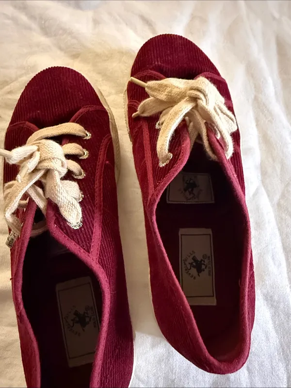 Women's Burgundy Corduroy Low-Top Sneakers with Cream Laces - Image 3
