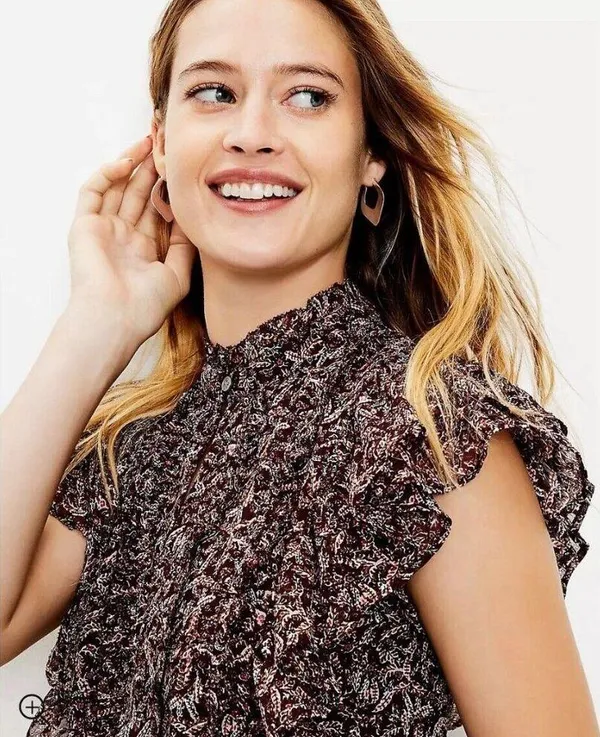 Loft Blouse Women Small Burgundy Floral Ruffle Peasant Cottagecore Prairie Ditsy - Image 7