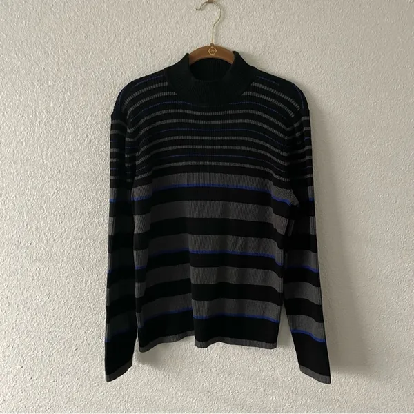 Karen Scott Charcoal Grey & Blue Stripe Mock Neck Sweater 100% cotton - Image 2