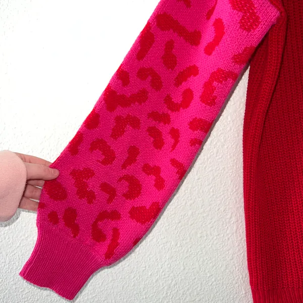 Red & Pink Two Toned V Neck Knit Pullover Leopard Print Sweater - Image 3