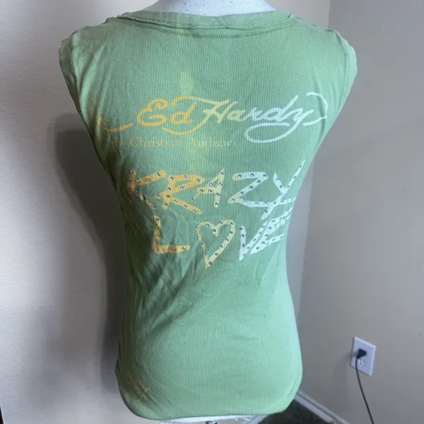 Ed Hardy Tank Top Size L Green Skull Heart Rhinestone Y2K Tattoo Krazy Love - Image 3
