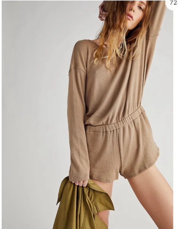 Free People Long Sleeve Romper Tan Open Back - Image 5