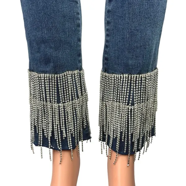 New Julianas Boutique Blue Denim High Rise Rhinestone Fringe Trim Skinny Jeans M - Image 4