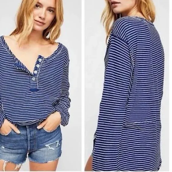 We The Free People S Small Hong Kong Henley Top Navy Striped Raw Hem Boho Beachy - Image 2