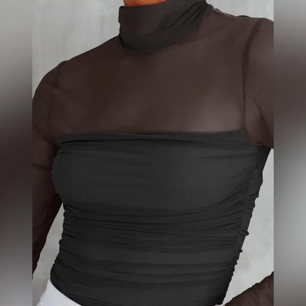 NWT REORIA Black Mesh Mock Neck Long Sleeve Ruched Bodysuit Top -Small - Image 4