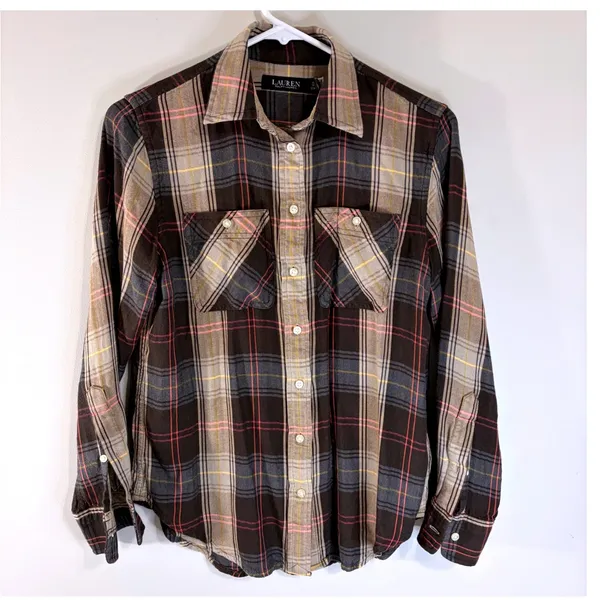 Ralph‎ Lauren Plaid Western Cowgirl Rodeo Shirt Brown Pink XS Roll Tab Sleeve - Image 2