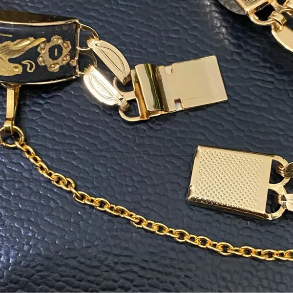 Vintage Damascene Gold-tone Enameled Birds & Flowers Link 8” Bracelet 16.3g - Image 13