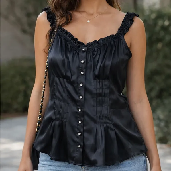 Y2K Black Silk Sleeveless Blouse Ruffle Trim Dark Romantic Whimsigoth Renfaire - Image 2