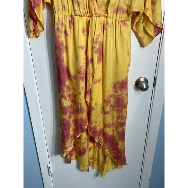 Privacy Please Faux Wrap Dress Small Yellow Tie Dye Summer Hippie Beachy - Image 5