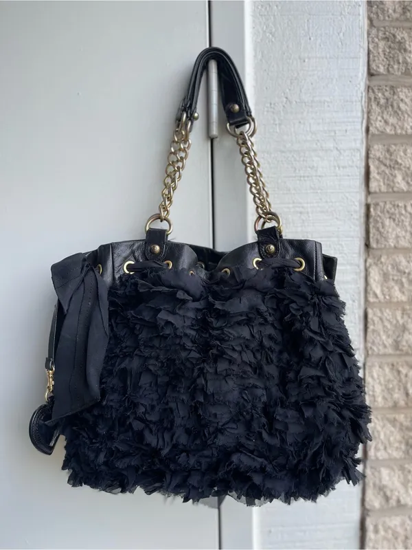 Juicy Couture Daydreamer Luxe Black Chiffon Leather Bow Gold Chain Y2K Bag - Image 2
