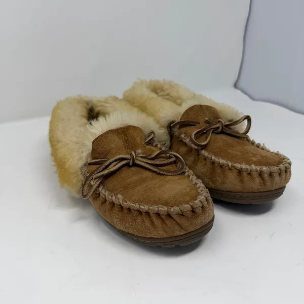 L.L. Bean Wicked Good Moccasin Slipper Brown Shearling Suede Women Size 7 - Image 4