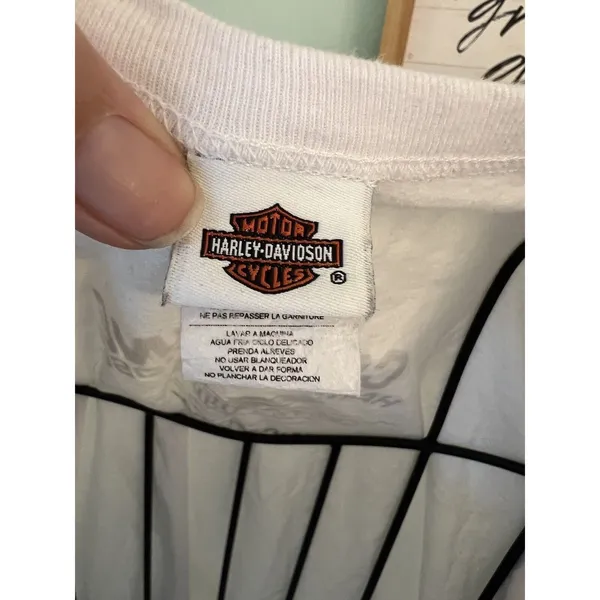 Harley Davidson‎ White Long Sleeve Tee Teal Lettering Faceted Beads Metallic L - Image 5
