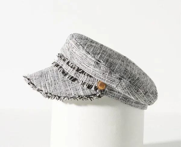 Anthropologie Black White Houndstooth Plaid Tweed frayed newsboy baker boy hat cap gold tone button-One Size (O/S) - Image 5
