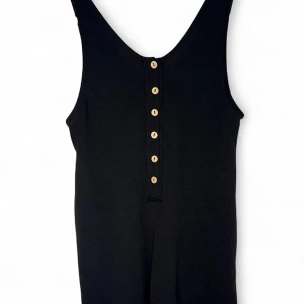 Black Henley Tank Romper Sleeveless Wood Buttons Casual Summer Knit - Image 2