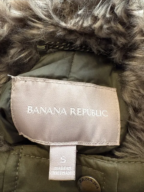 Banana Republic Small Olive Green Faux-Fur Hooded Puffer Parka Jacket Coat - Image 3