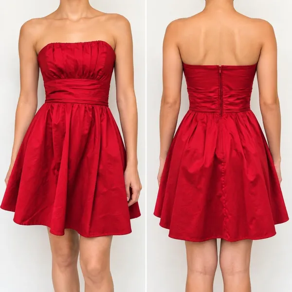 David’s Bridal Red Strapless Fit Flare Dress Sz 12 Romantic Coquette Party Cocktail Wedding Guest Y2K Pleated bust, ruched waist, full A-line skirt, and back zipper. Romantic coquette, feminine, elegant, vintage-inspired, Y2K, timeless, cocktail, party, wedding guest, bridesmaid, homecoming, prom, Valentine’s Day, Christmas, holiday, date night, engagement, rehearsal dinner, semi-formal, formal, special occasion. - Image 2