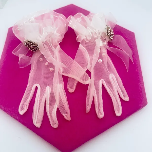 Vintage Bridal Gloves Ruffle & Faux Pearls - Image 2
