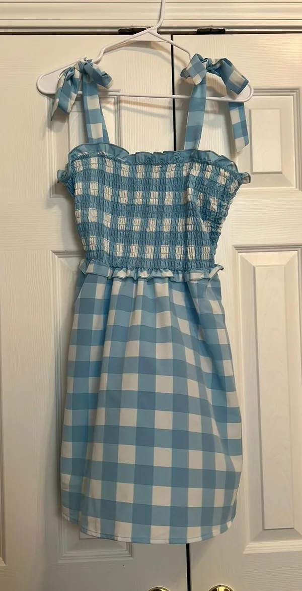 Plaid Dress With Bow Shoulders Blue Size L - Image 3