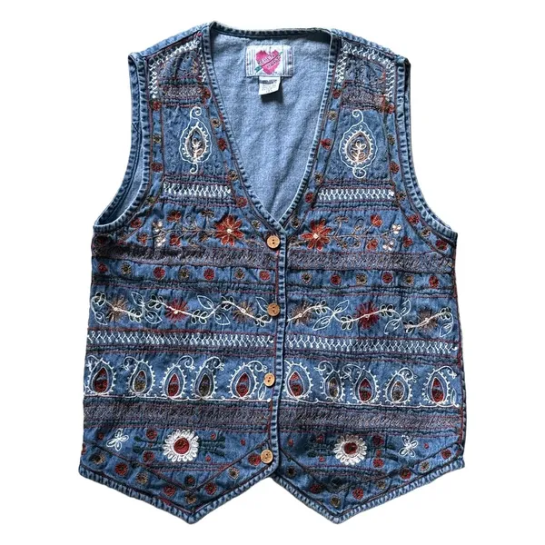 Keren Hart Vintage Denim Embroidered Floral Paisley Boho Vest Blue Small Western - Image 2