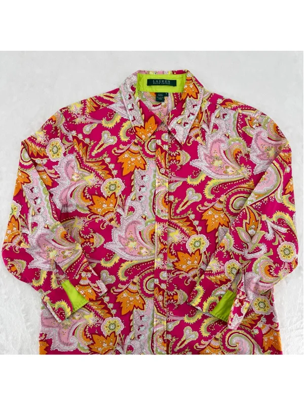 Lauren Ralph Lauren Hot Pink Lime Green Paisley Top Preppy Dopamine Y2K Medium - Image 2