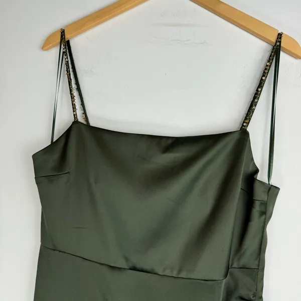 NWT Zara Green Satin Effect Midi Wrap Dress Sz Large Beaded Straps - Image 6