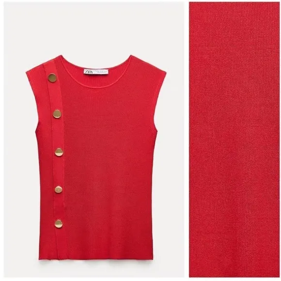 ZARA Knit Sleeveless Top Gold Buttons Size Large - Image 2