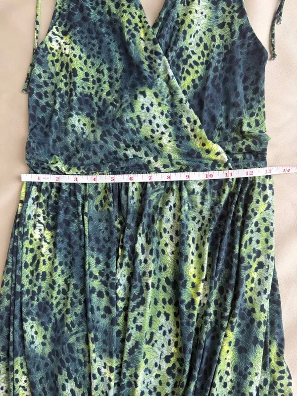 Zinzane Green Animal Print Maxi Dress Size S Deep V Tie Shoulder Resort - Image 13