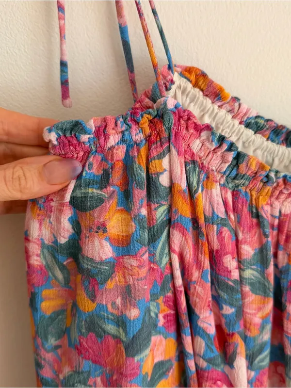 Sadie & Sage Floral Mini Dress Tie Shoulder Straps Smocked Pink Blue Large L - Image 2