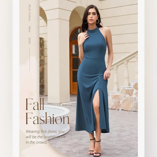 NEW Blue Formal Halter Wedding Cocktail Evening Split Midi Dress XL - Image 5