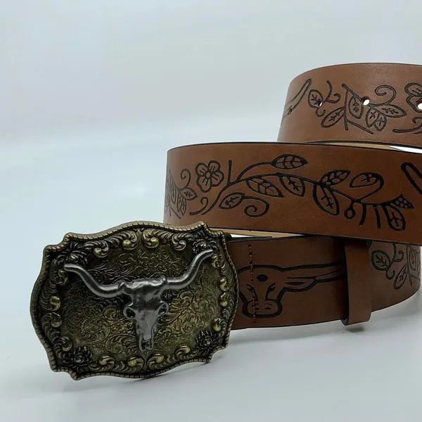Women's Western Brown Belt w/ Big Longhorn Buckle, 31.5–40.5 Inches, X7G9A796 - Image 3