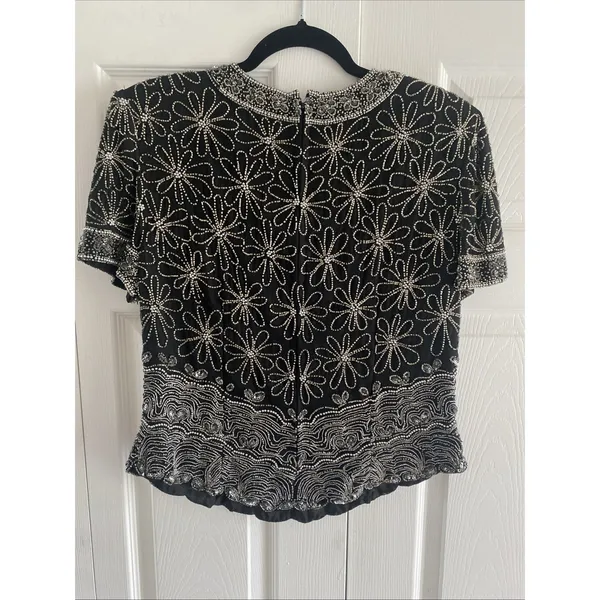 Laurence Kazar Vintage Beaded Top Womens Size L Black Silk Floral Sequin Evening - Image 8